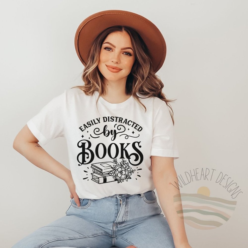 Easily Distracted By Books Graphic T-shirt Book Lover's Shirt - White